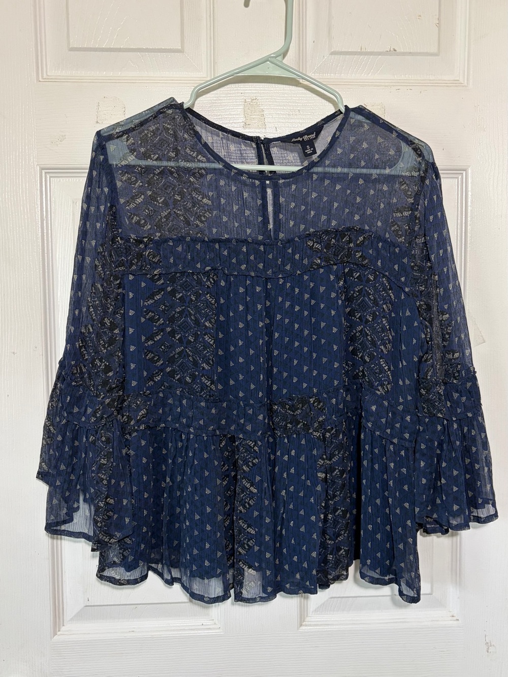 Lucky Brand Navy Sheer Triangle-Print Ruffle Blouse Sz S